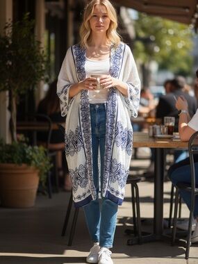 Chico's lightweight gauze paisley kimono wiwhite and navy blue print SZ 2 (12)